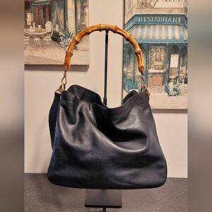 GUCCI Diana Black Leather & Bamboo Two Way Shoulder Hobo Tote Bag VTG